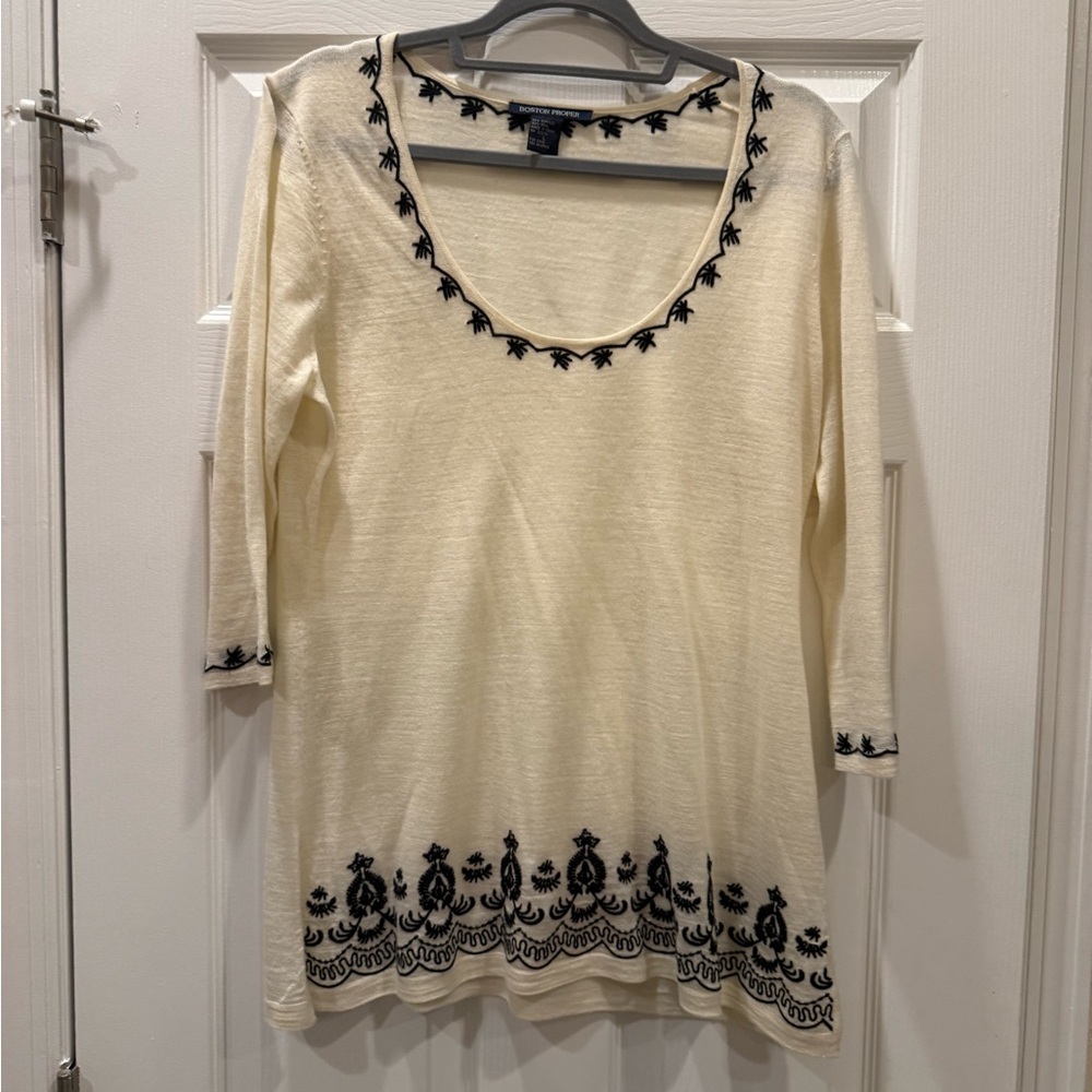 Boston Proper Cream Scoop Neck Sweater with Black Embroidery